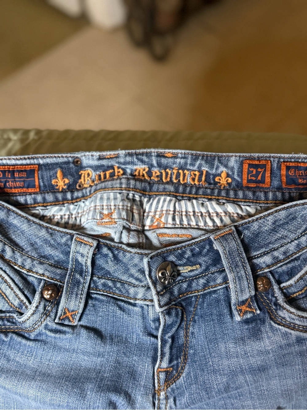 Rock Revival Women’s Light Blue Skinny Jeans with Orange Stitching